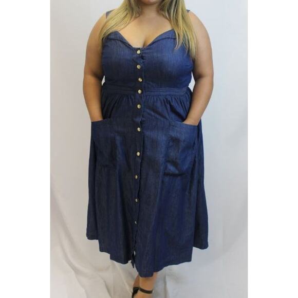 DRAPER JAMES X ELOQUII Denim Blue Chambray 100% Cotton Gold Button Dress sz 24 - Picture 5 of 15